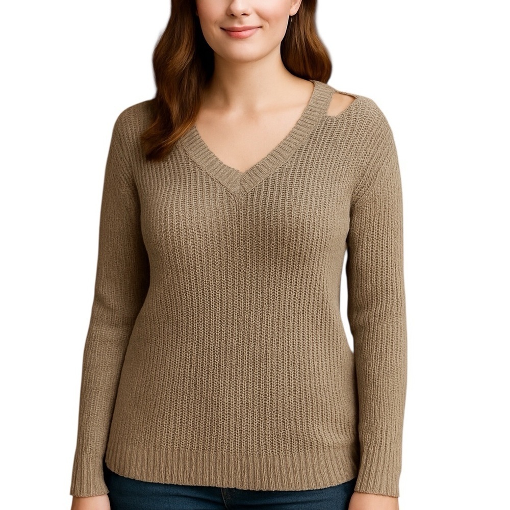 Lida Small/Medium Beige Ribbed Vneck Sweater Shoulder Cut Out Neutral Oversized